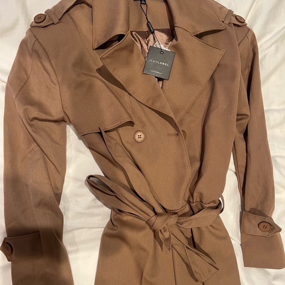 JLUXLABEL Tan Trench jumpsuit with Belted Waist and Wide Lapels